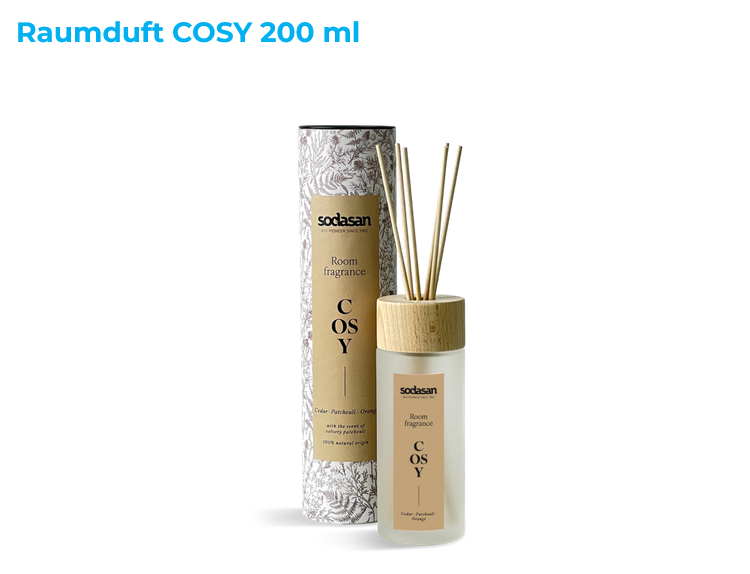 Sodasan Raumduft Cosy  200 ml Glasflasche in kl. Holzsticks
