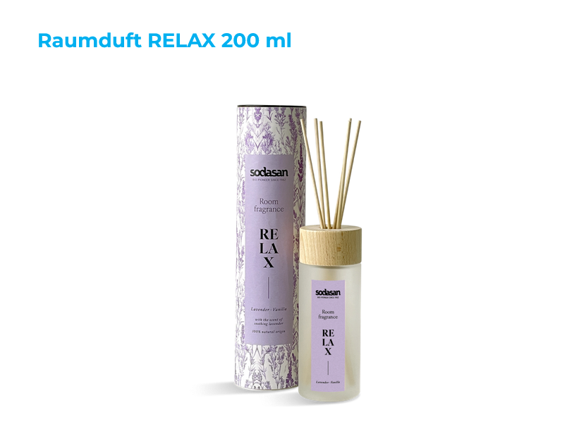 Sodasan Raumduft Relax 200 ml.Glasflasche inkl. Holzsticks